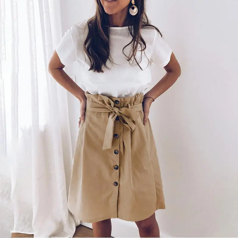 

MoneRffi 2019 Women Summer Skirts Belt Up Design A-Line Pure Color Cotton Sexy Fashion Solid Color Skirt Strap Bow Button Skirt