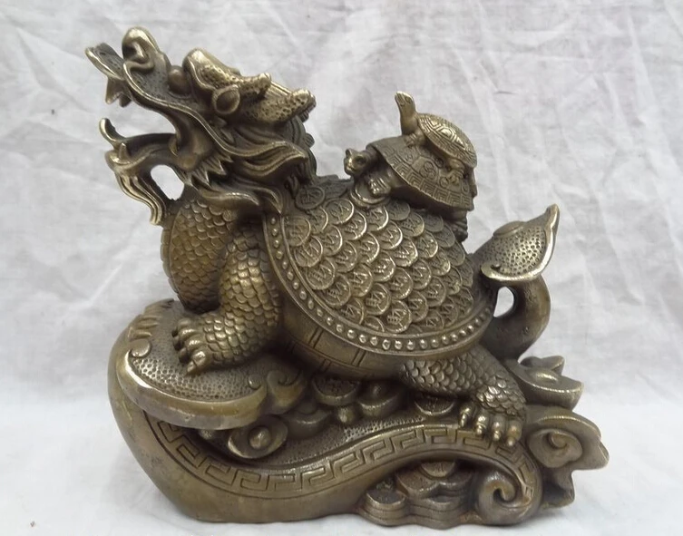 

JP S0114 8" Chinese Bronze Wealth YuanBao Coin Longevity Dragon Turtle On RuYi Statue B0403