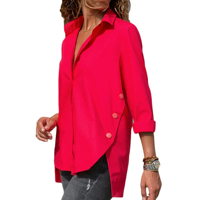 

Women Office Shirt Blouse 2019 Sexy Turn-down Collar Chiffon Solid Blouse Button Side Long Sleeve Irregular Slit Blouse Autumn
