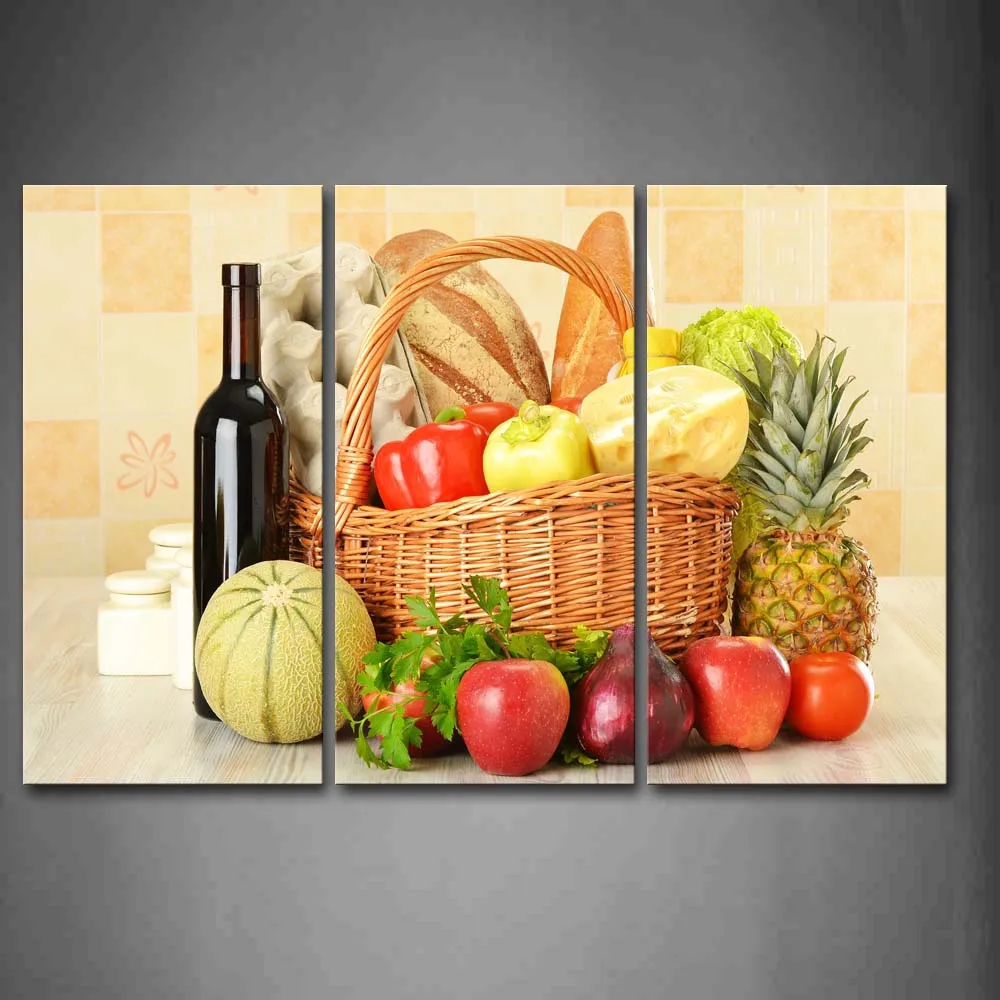 

Framed Wall Art Pictures Fruit Vegetables Wine Basket Canvas Print Food Modern Posters With Wooden Frame For Living Room