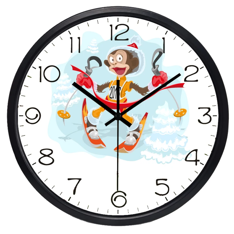Skiing Monkey Metal Glass Funny Wall Clock, No Ticking Sound Wall