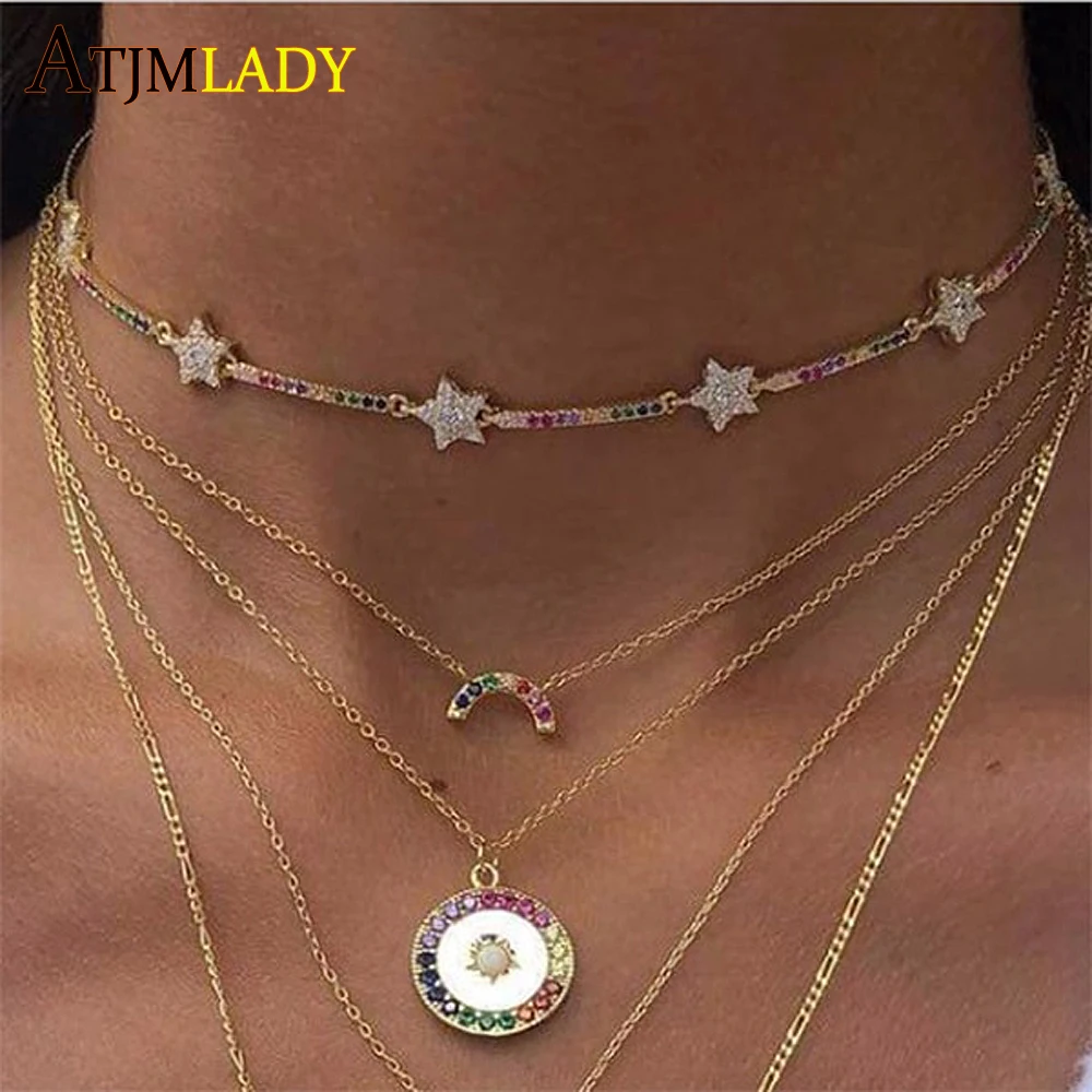 

2019 hot fashion rainbow colorful star cz bar link chain choker necklaces for women geometric charm delicate Christmas gift