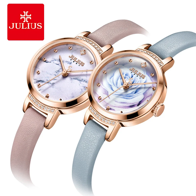 

Julius Lady Casual 3D Rose Flower Dial Leather Dress Watch Woman Luxury Crystal Inlay Quartz Wrist Watches Creative Montre Femme