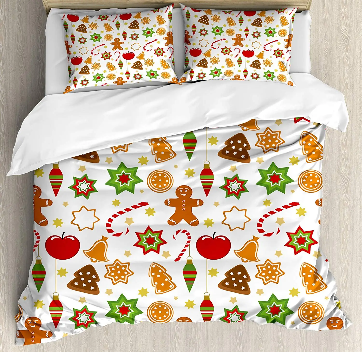 

Gingerbread Man Duvet Cover Set Queen Size Festive Christmas Icons Graphic Pattern Star Figures Cookies Apples Bells Bedding Set