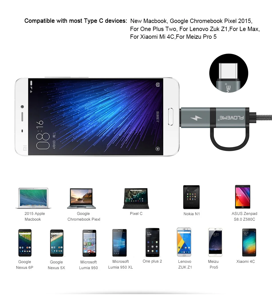 USB Cable QC 3.0 5V 2.8A Fast Charger Micro USB Type C 2 in 1 Cables (4)