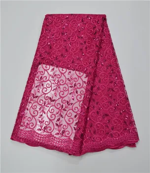 

2016 Latest African French cord Lace Fabric High Quality guipure lace wine African Tulle Lace with Sequins Fabric For Wedding(16