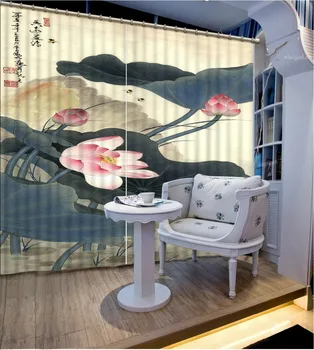 

3D Curtains Home Bedroom Decoration 3D Curtain Ink, Lotus Leaf, Lotus Window Curtains Blackout Curtain Fabric Hook