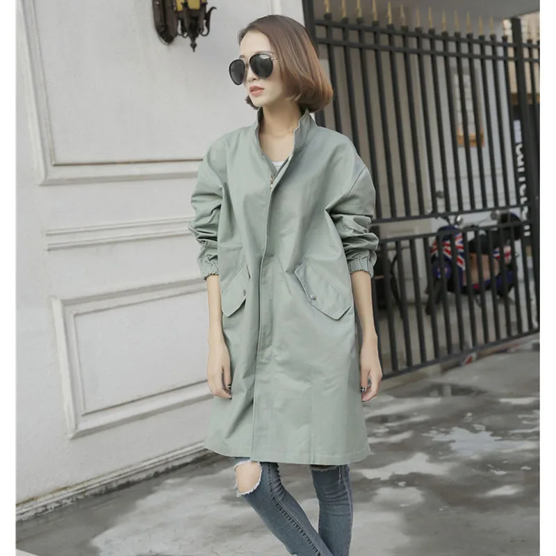 

2019 spring autumn Korean women straight solid color long trench coat zipper pocket drawstring waistwindbreaker coat female d19