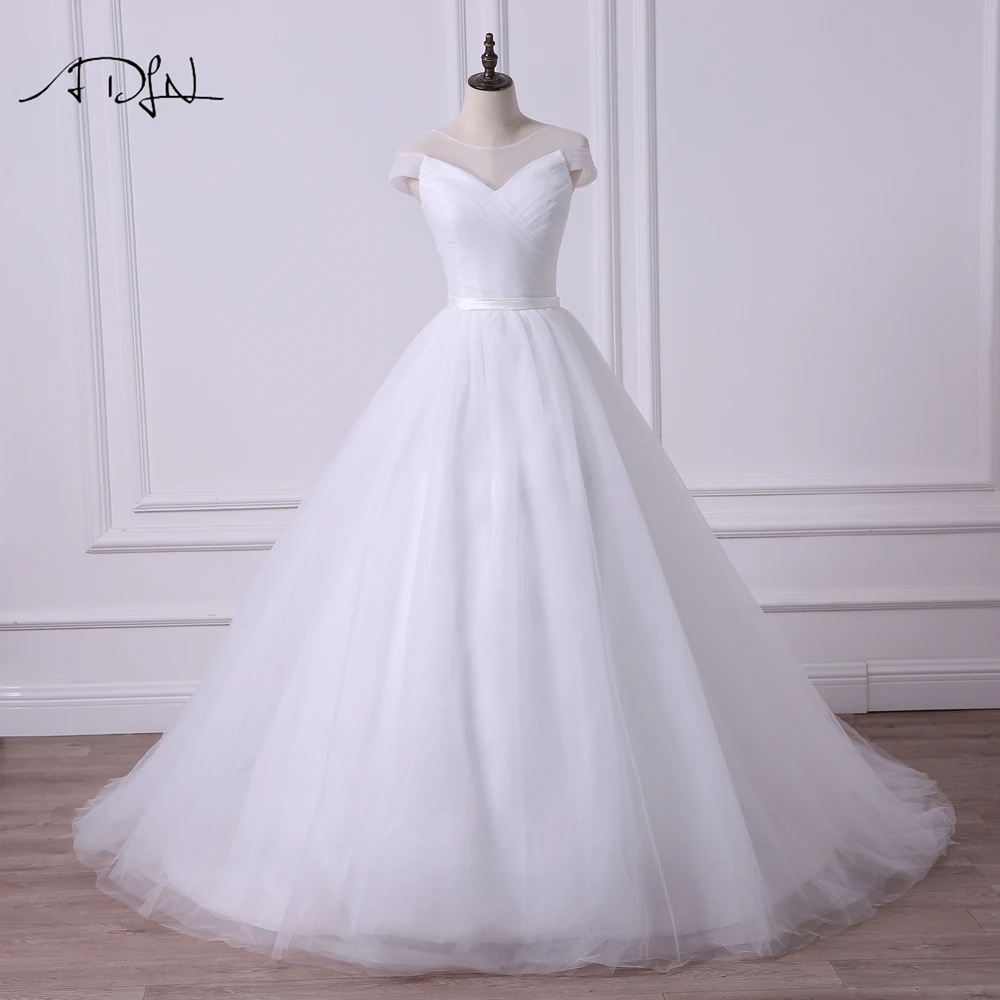 ADLN Simple Sheer Neck Cap Sleeve Princess Puffy Wedding ...