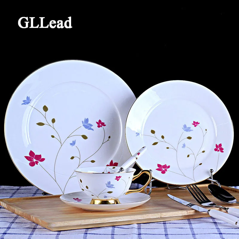 

GLLead Fashion High Quality Ceramic Cutlery Western Style Steak dish Fruit Cake Plate Teacup And Saucer Knife Fork Spoon Set
