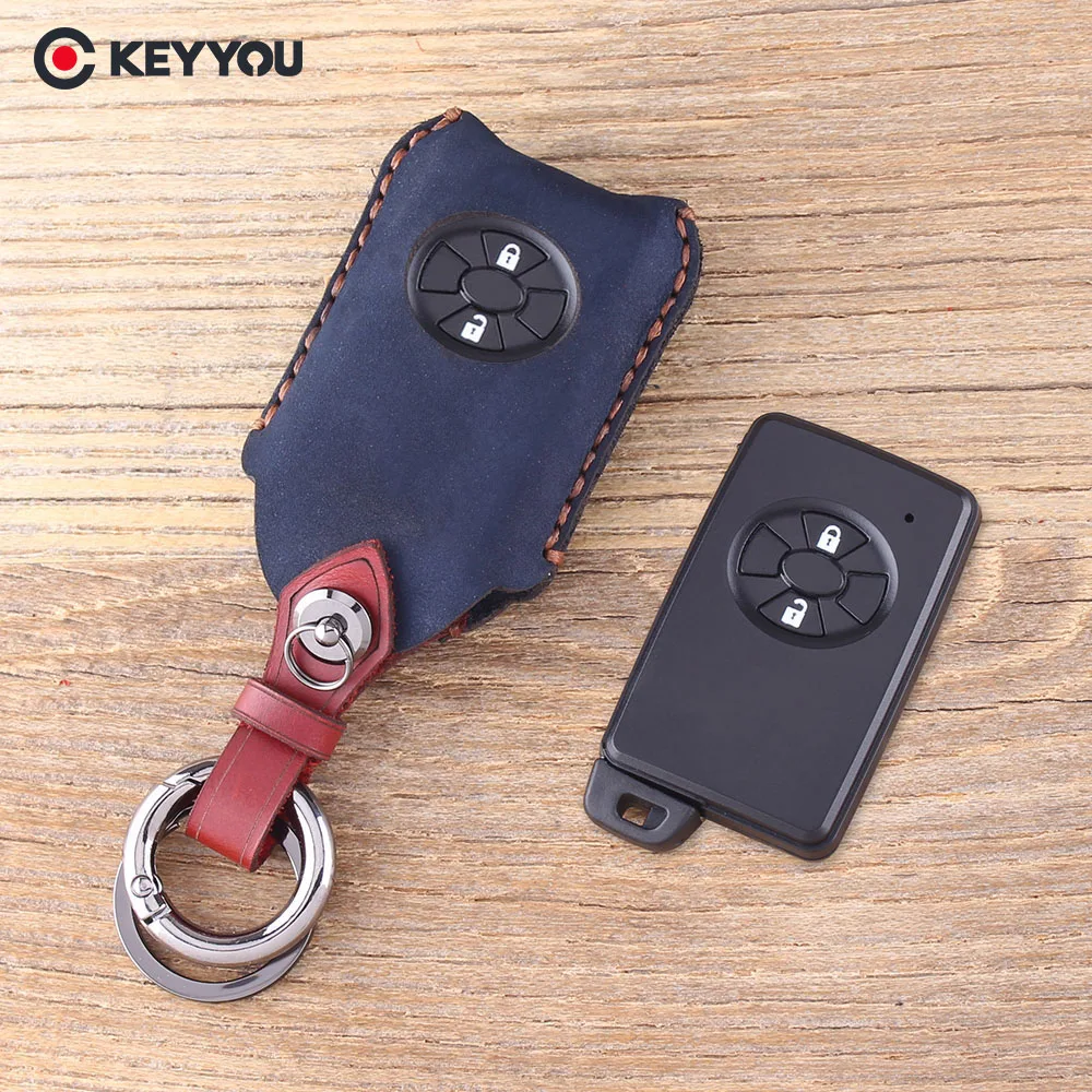 

KEYYOU Leather Key Case Keychain 2 Button Smart Remote Key Shell Fob For Toyota RAV4 Vitz Ractis Car Key Cover