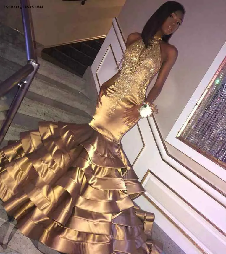 Gold Mermaid Prom Dresses For African Girls Formal Party Evening Wear Gowns 2019 Tier Ruffle Skirts Halter Neck Applique Beads Robes BC1604  177