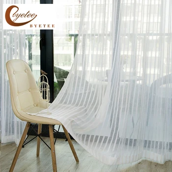 

[byetee] Window Curtain Screen Stripe Gauze Tulle Kitchen Sheer Organza Voile Curtains Striped Drapes For Bedroom Living Room