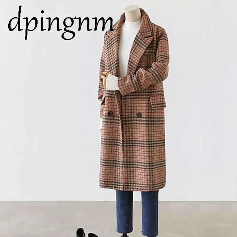 

Women Wool Coat Plaid Women Loose Long double Breasted Woolen Coats Winter Coat Woolen Overcoat 2019 Wool Jackets Trench WJ54