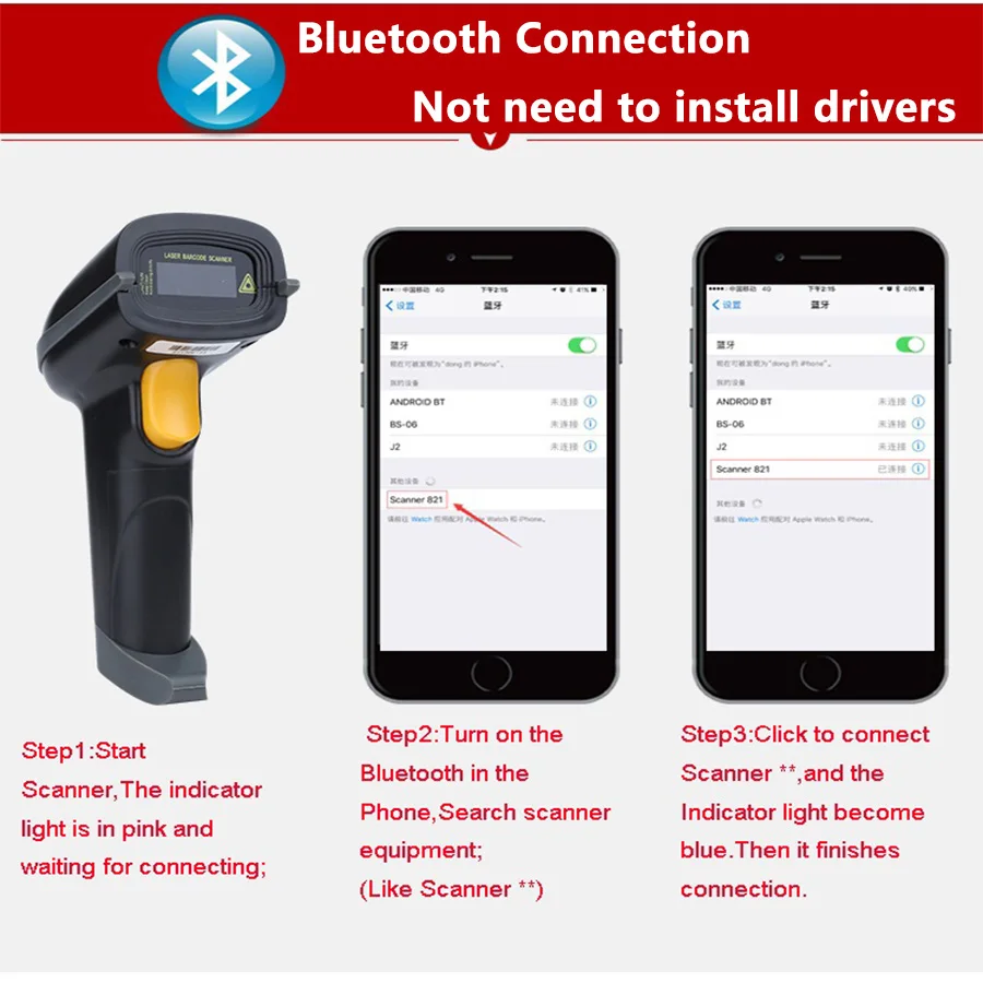 Portable mini Bluetooth Wireless bar code Scanner 1D Barcode reader handheld mobile scanner Android