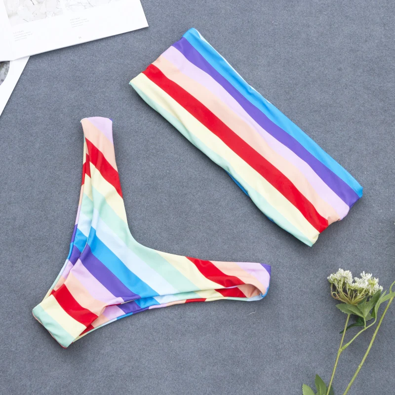 

Rainbow Colored Bikini Bandeau Multi Pin Swimwear Women Lace Padding Sexy Vintage Off Shoulder Cheeky Bathingsuit Retro Swimsuit