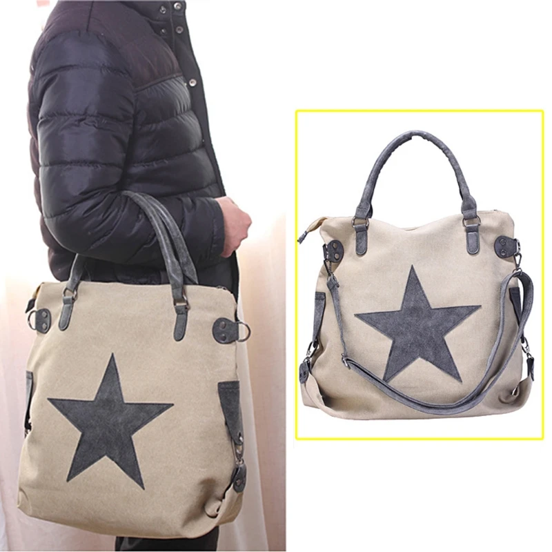 

THINKTHENDO Fashion New Men Women Canvas Shopping Handbag Shoulder Bat Travel Tote Messenger Star Printing Bags Large Capacity