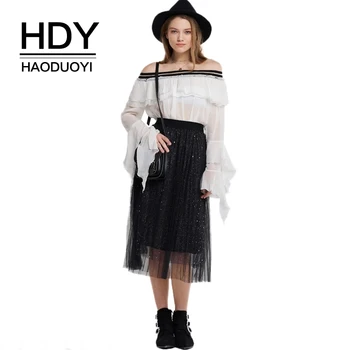 

HDY Haoduoyi 2020 New Fashion Sweet Mesh See Through Sequined Skirts Solid A-line Mid-Calf Casual Pleated Skirt For Female