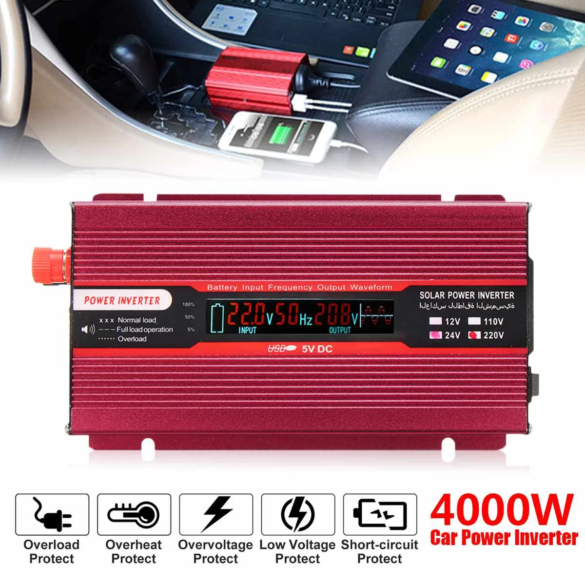 

12/24V To AC 220/110V 5000W Car Power Inverter USB Modified Sine Wave Converter Low Noise Multiple Protection Aluminum Red