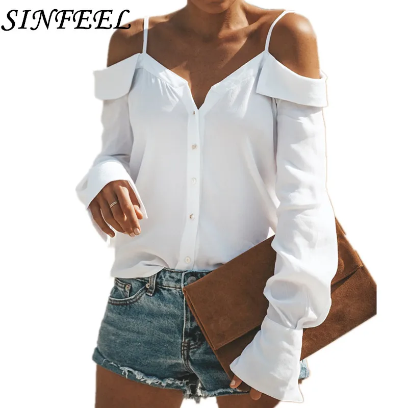 

SINFEEL 2018 Women Shirts Blouses Long Sleeve Sexy Spaghetti Strap Off Shoulder Ladies Blouse Tops OL Office Style Chemise Femme