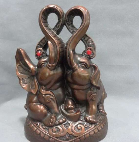 

JP S62 12 FengShui Chinese Pure Bronze Animals Wealth YuanBao 2 JiXiang Elephant Statue B0403