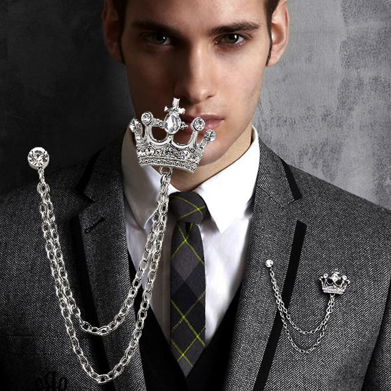 

Business Men Women Shirt Suit Badges British Style Crown Pin Brooch With Link Chain Rhinestones Fashion Accessories