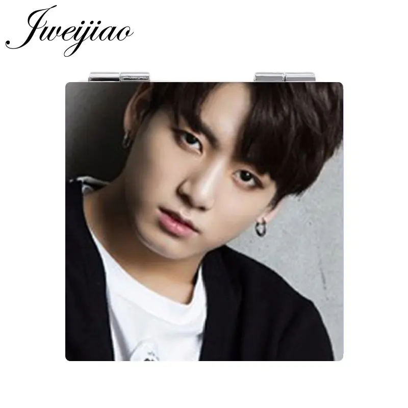 

JWEIJIAO BTS Boys Makeup Mirror Popular Bangtan Boys Mini Folding Square 1X/2X Magnifying PU Leather Pocket Mirror Korea Fashion