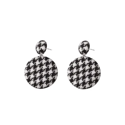

Round Black and white Cloth Tweed Fabric drop Earrings for Women Winter Jewelry Textured Button Large Earrings