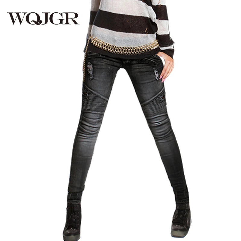 

WQJGR 2019 Summer Skinny Black Jeans Woman Holes Elasticity Cowboy Pencil Pants Locomotive Denim Jeans Plus Size