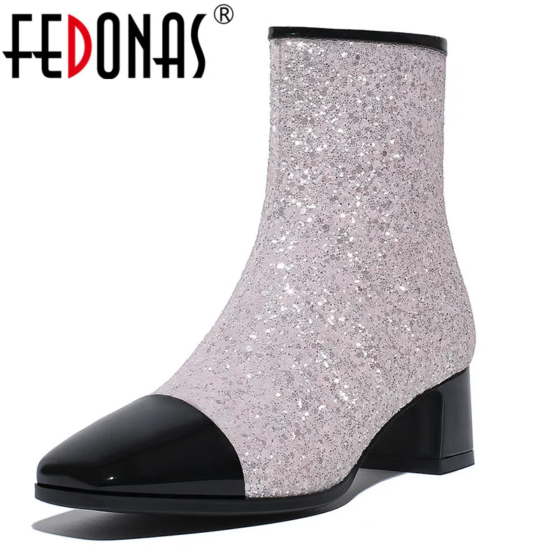 

FEDONAS Brand Women Gliters Ankle Boots Autumn Winter Zipper Wedding Party Shoes Woman High Heeled Short Ladies Shoes New Pumps