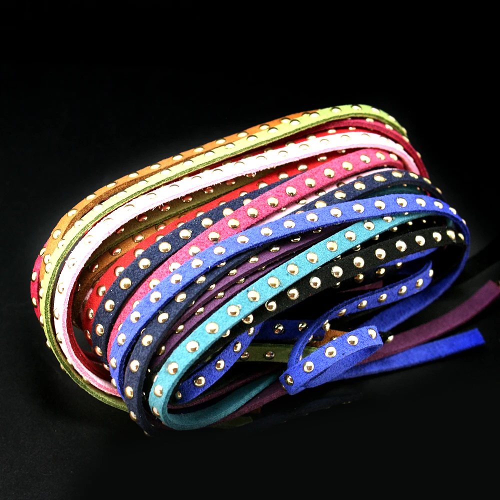5mm 10pcs Mixed Color Faux Suede Leather Cords Gold Stud Beading Cord