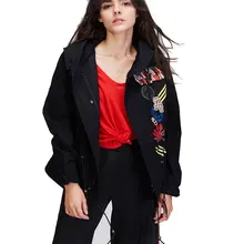 Осеннее Новое Женское повседневное пальто с капюшоном с аппликацией армейская зеленая верхняя одежда винтажная промытая уличная куртка с вышивкой Harajuku