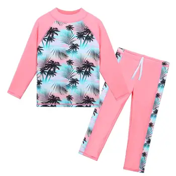 

BAOHULU Long Sleeves Girls Coconut Tree Print Swimsuits Two Pieces Sets Protection Swimwear for 3-12 Years Children