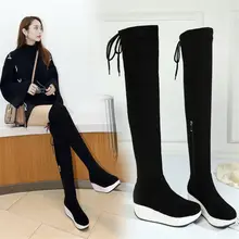 New Thigh High Boots Women Black Faux Suede Over The Knee High Riding Booties Med Heel Tall Shaft Punk Sneakers Stretch Creepers nayiduyun thigh high boots women black leather over the knee booties med heel tall shaft punk sneakers chic riding greepers