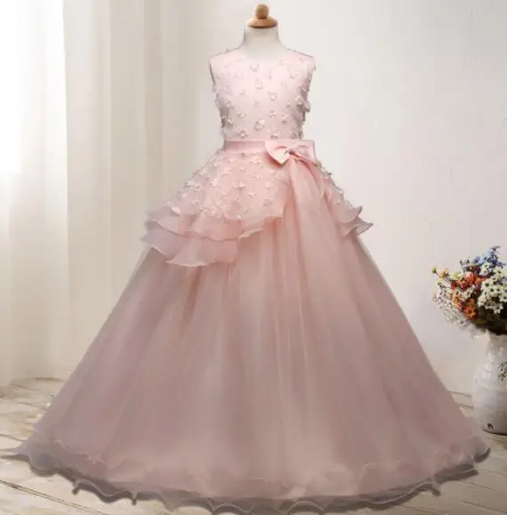 От 5 до 14 лет, детские длинные белые кружевные вечерние платья с цветочным узором для девочек, платья для выпускного вечера детское платье принцессы для девочек на свадьбу, детское платье для причастия - Цвет: Pink