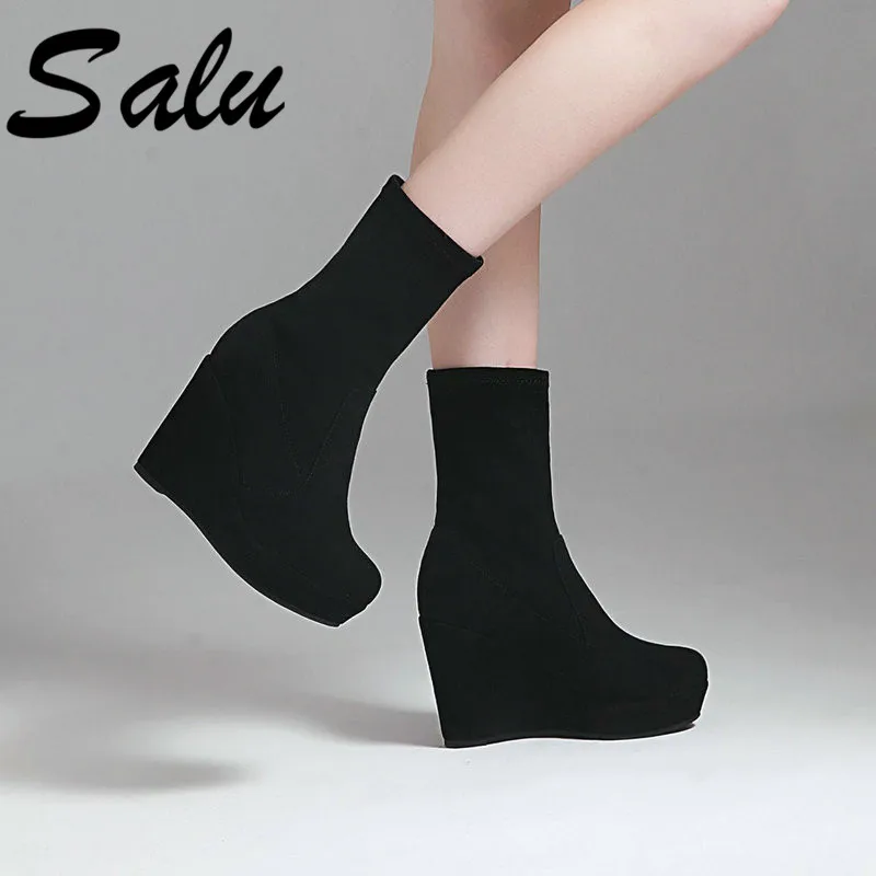 

Salu Quality Women Ladies Shoes Woman wedges high Heeled Round Toe Winter Boots Retro Platforms Motorcycle Boots