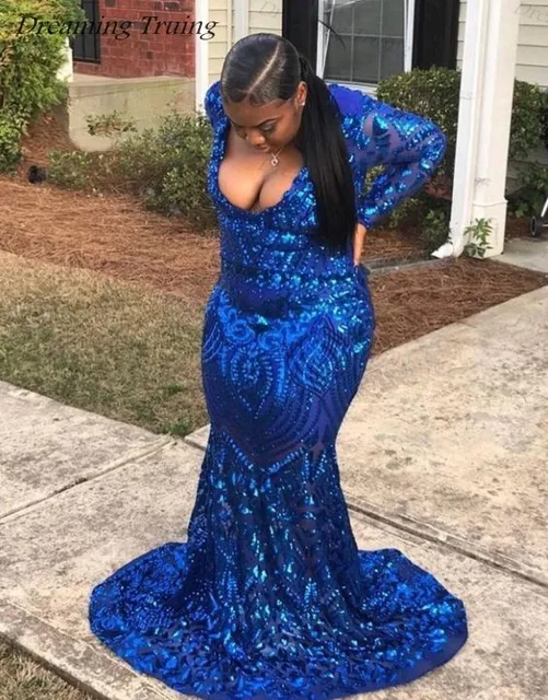 Royal Blue Black Girl Prom Dress With Long Sleeved Sequined Mermaid ...