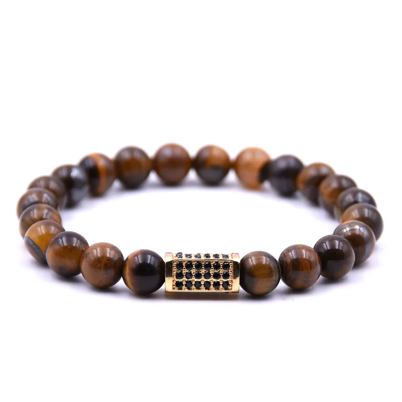 

KANGKANG Hot Selling Brown natural stone Bracelet Micro-inlay Zirconia 4 color Quadrangular prism 8mm Elastic Rope Bead Bracelet