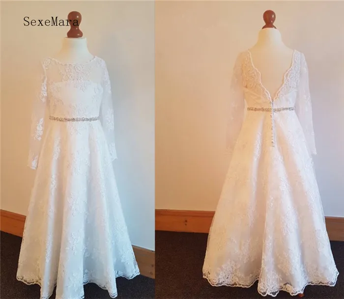 Holy First Communion Dress Long Sleeves A Line Flower Girls Dresses Lace White Ivory Custom Made Holy First Communion Dress Long Sleeves A Line Flower Girls Dresses Lace White Ivory Custom Made