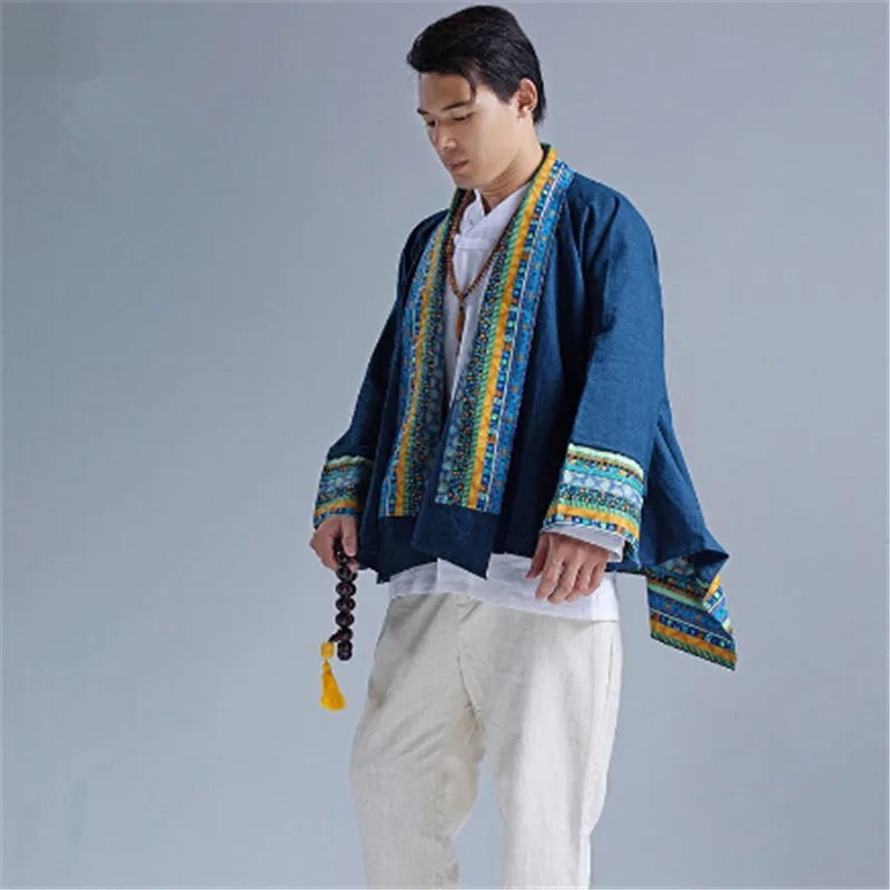 Men's Chinese Style Linen Cardigan - Traditional Hanfu Kimono Jacket With Self-Tie Closure