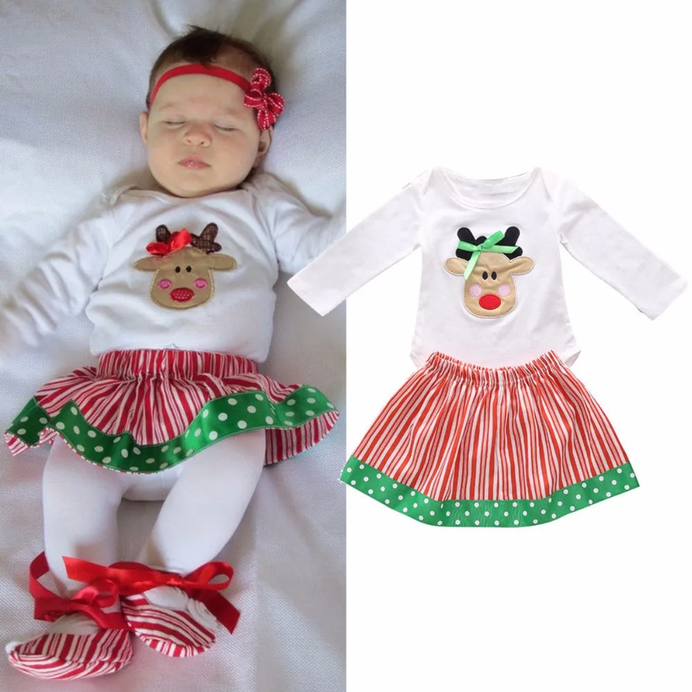 Puseky/Рождественская Одежда для новорожденных девочек, хлопковое боди с длинными рукавами и рисунком оленя, Полосатая юбка, комплект из 2