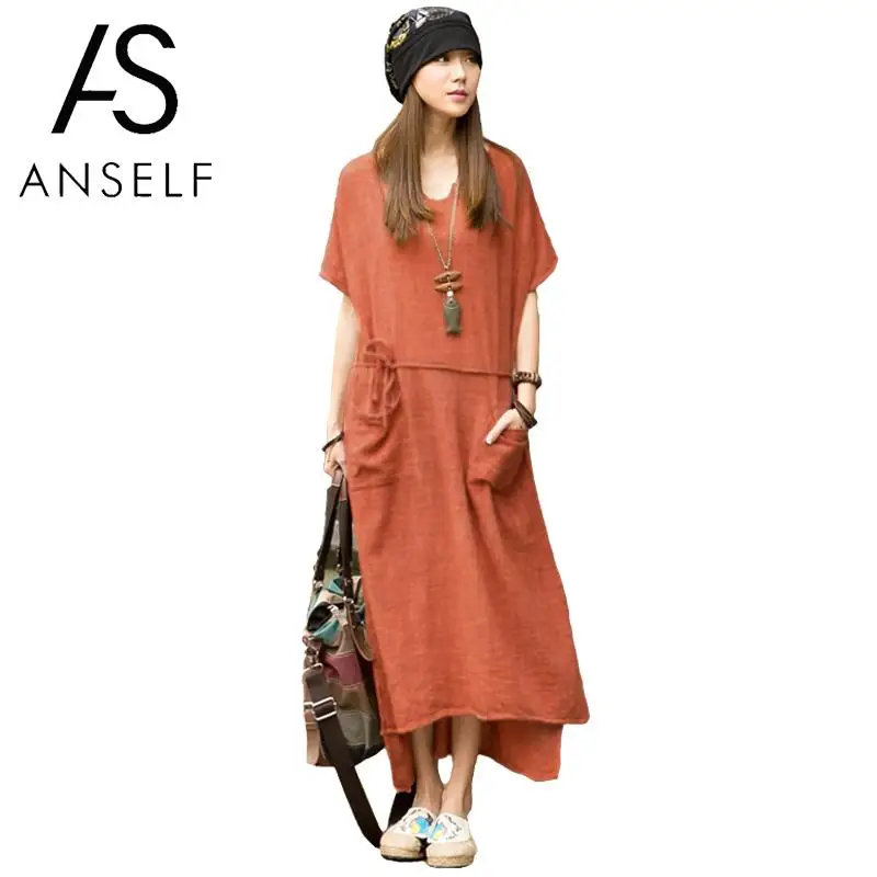 

Plus Size 3XL 4XL 5XL Cotton Linen Dresses Women Maxi Dress Oversized Vintage Loose Short Sleeve Ankle Length Summer Long Dress