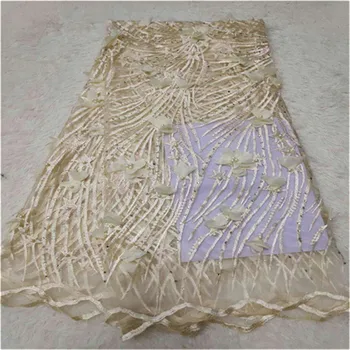 

3D Lace Fabric 2019 High Quality African French Swiss Lace Fabric With 3D Flower,yellows&Beads For Nigerian Wedding Dress
