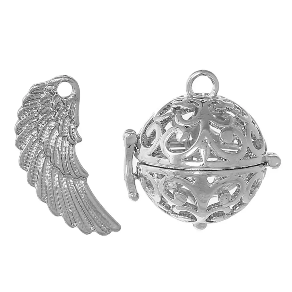 

Copper Charm Pendants Wish Box Round Wing Silver Tone Flower Carved Can Open(Fit Bead 18mm)3.1x1.5cm 26x26mm,1PC