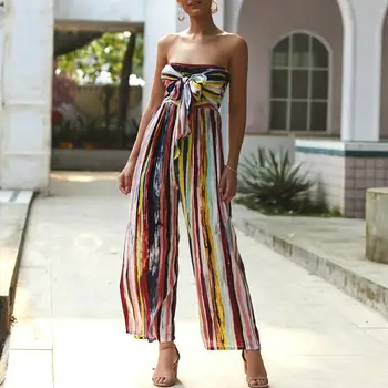 

Sleeveless Backless Bow Tie Wrapped Chest Sexy Rompers Womens Jumpsuit Summer Wide leg Striped Playsuits Off Shoulder Overalls