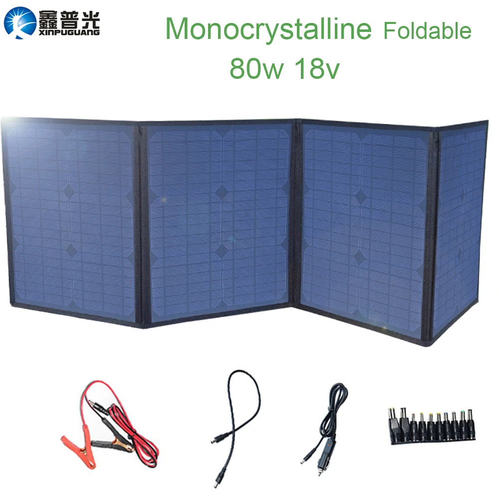 

Xinpuguang Folding Solar Panel Charger 80W 9V 18V Foldable Portable Black Waterproof Power Bank Dual USB Phone Pad 12V Battery