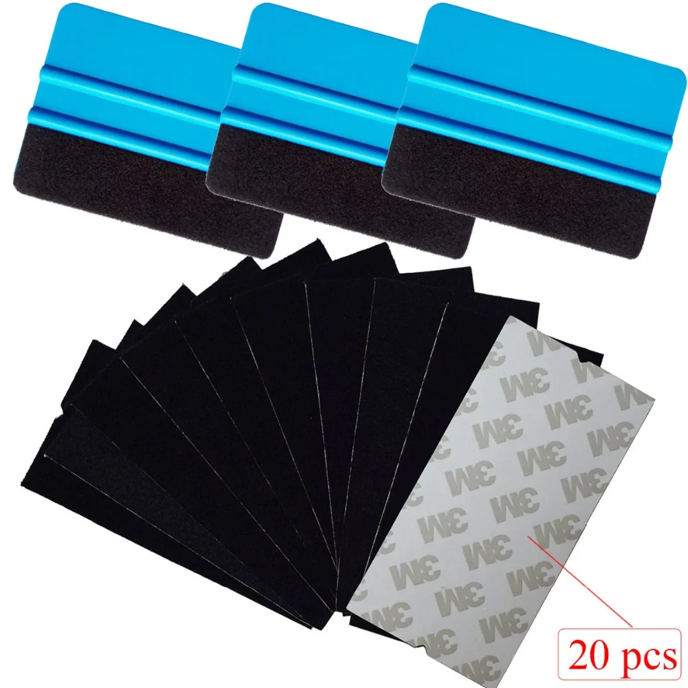 

3PCS Felt Squeegee + 20PCS Fabric Cloth Self Adhesive Glue Black Replacement Edge Car Sticker Vinyl Film Wall Paper Scraper K35C