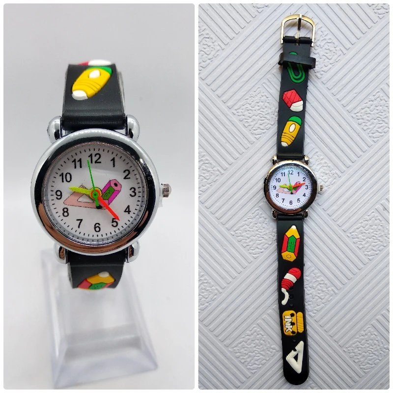 Fashion Kids Watches good quality cartoon students triangle ruler pencil children watch for Child Boy Girl Clock Christmas Gift