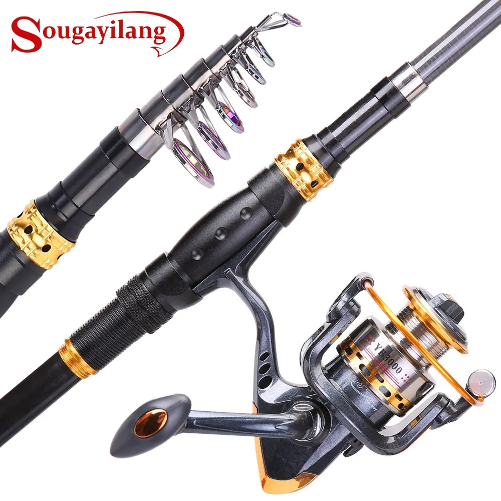 Sougayilang Telescopic Fishing Rod Reel Combos with Carbon Fiber Fishing Pole Spinning Reels and Fishing Accessories for Travel Ocean Saltwater Freshwater Fishing