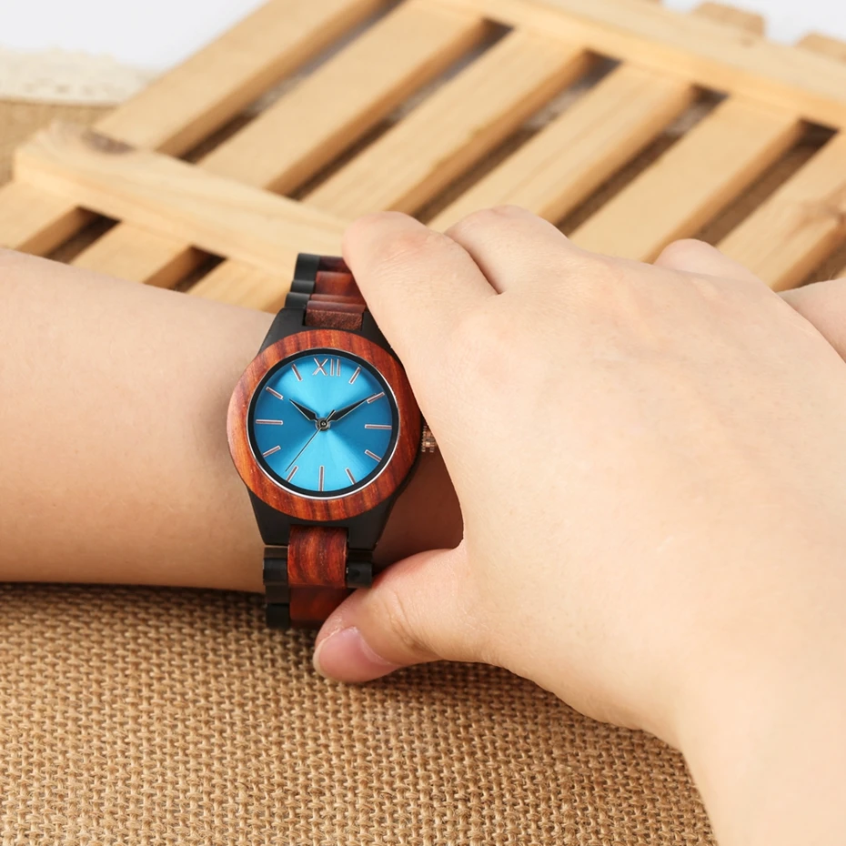 Модные деревянные часы с сапфировым синим лицом ручной работы, полностью деревянный ремешок, кварцевые часы, женские часы, женские нарядные часы, Reloj Mujer
